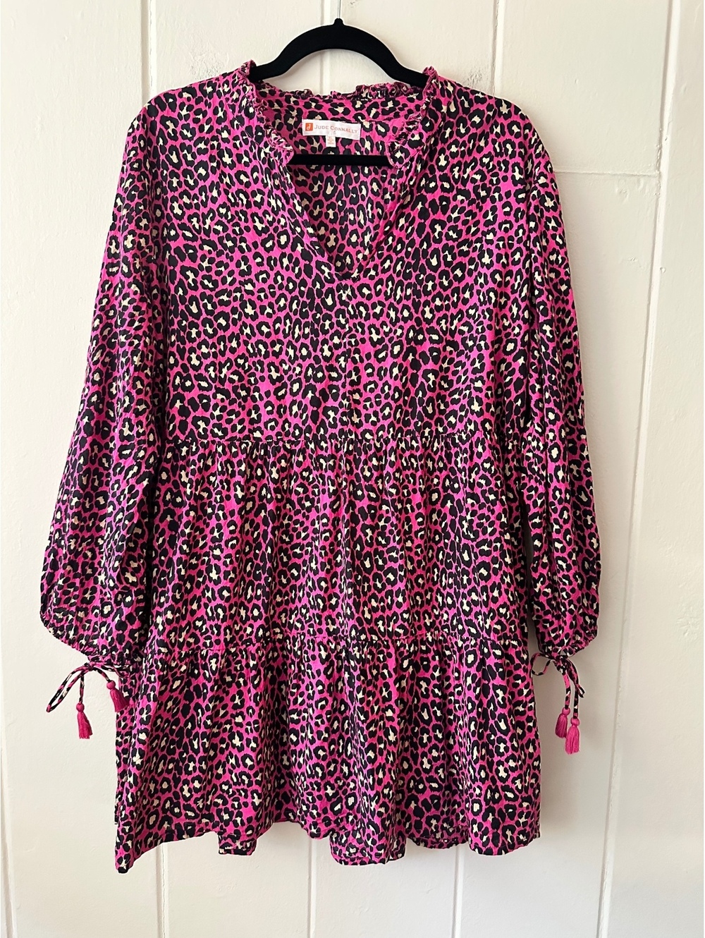 Jude Connally Tiered Mini Dress Pink and Black Leopart Print 100% Cotton Size XL